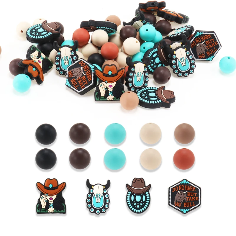 

84PCS Turquoise Gem Girl Silicone Focal Beads For Pens Jewelry Making Bracelet Necklaces Handmade Crafts CowGirl Wildness Charms