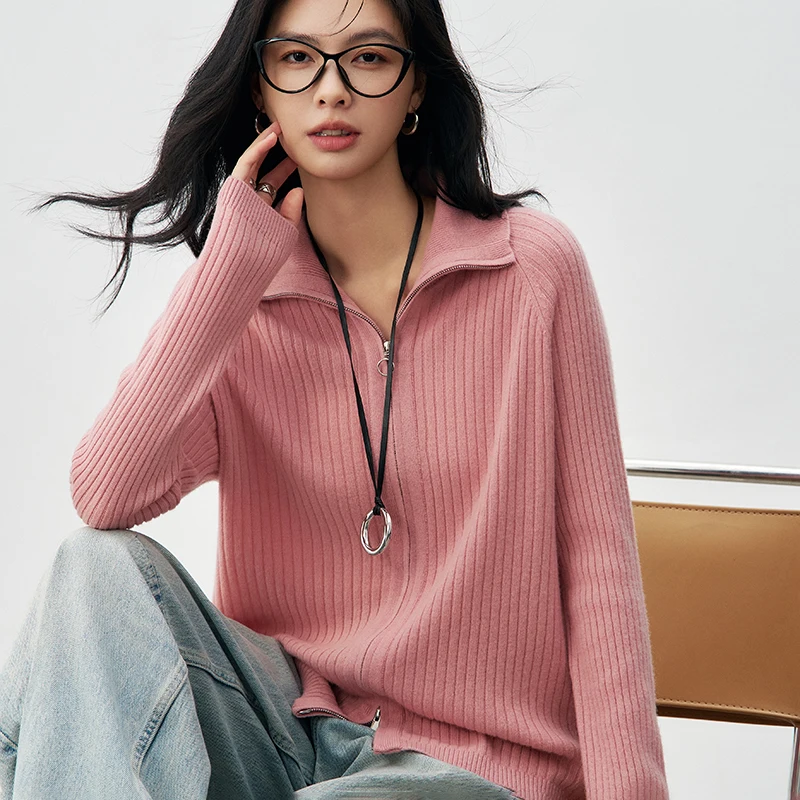 

Autumn women's Merino cashmere cardigan zipper solid color knitted long sleeved sweater high-quality soft casual clothing top