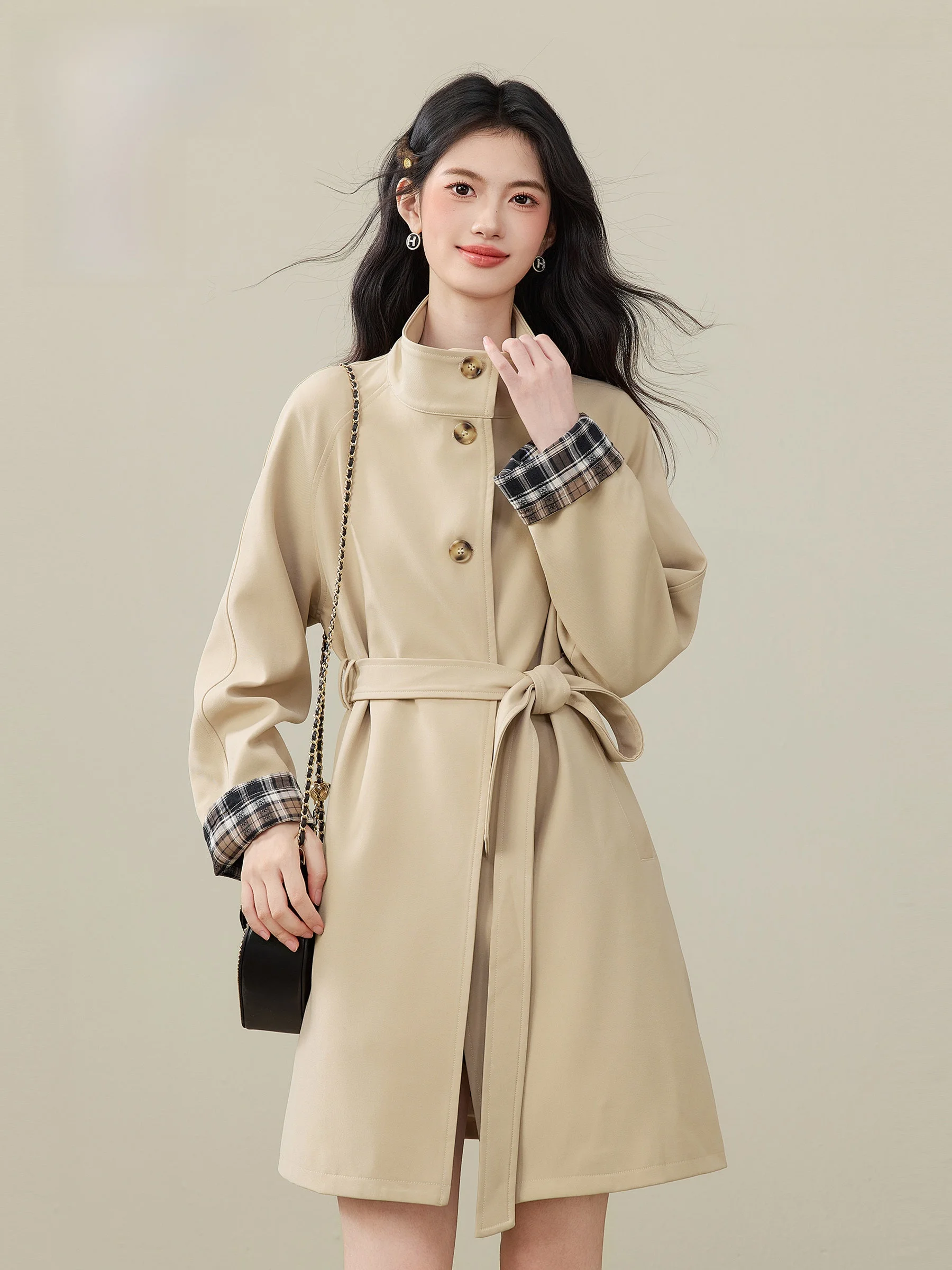 

Женское укороченное пальто в клетку цвета хаки для похудения, свободного кроя, осенне-зимняя верхняя одежда с длинными рукавами, воротником-стойкой и застежкой на одну пуговицу