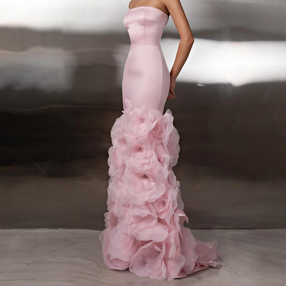 

Customized Mermaid Evening Dresses Floor-length Strapless Sleeveless Prom Gown Simple Fashion Flowers Backless Party Gown