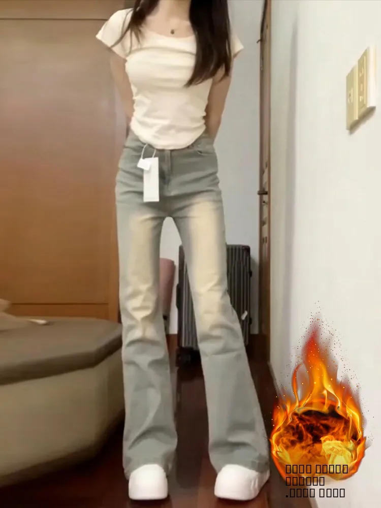 

Американские утепленные джинсы-клеш с высокой талией и флисовой подкладкой для женщин, осенне-зимние, облегающие, длинные, повседневные, из денима