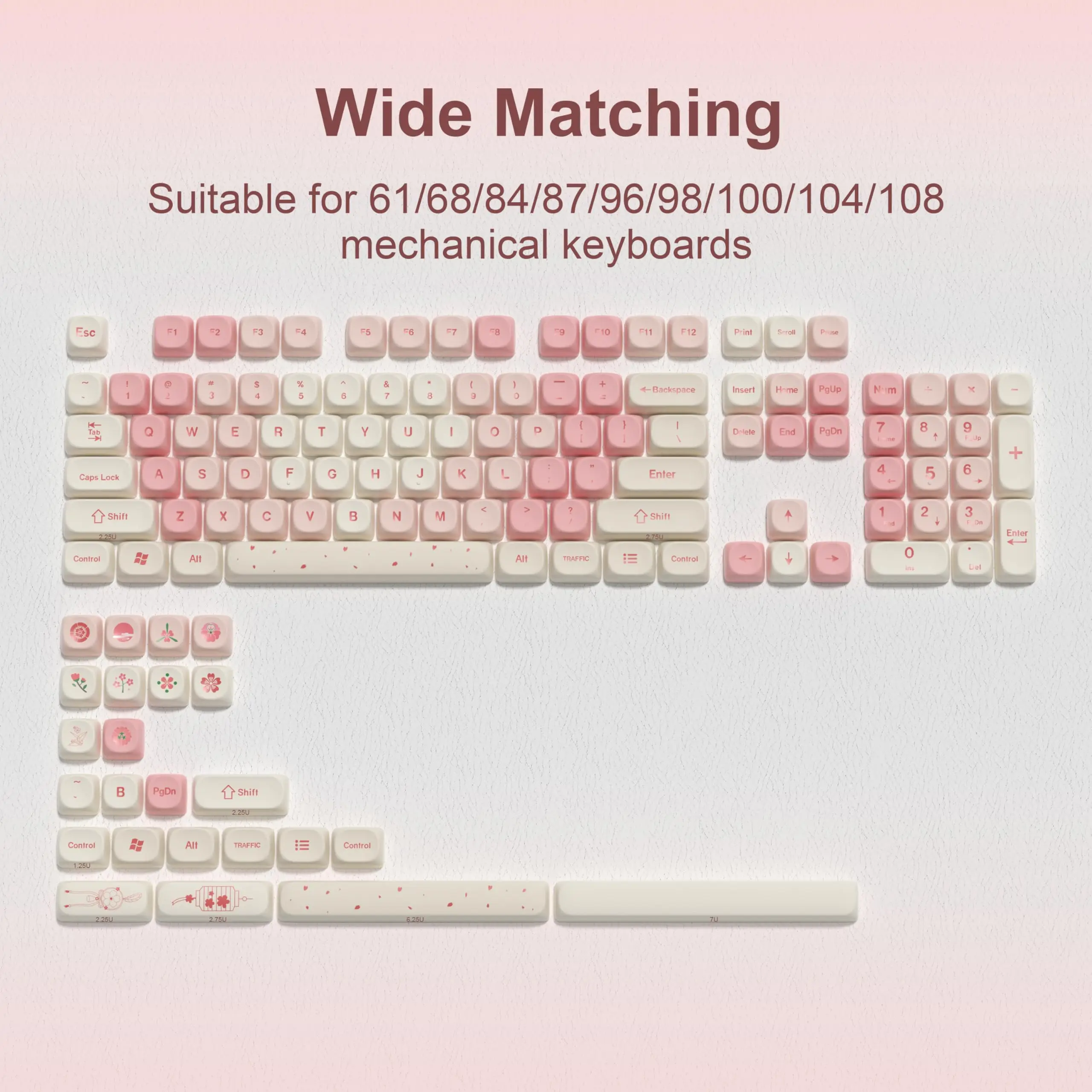 Rosa Kirschblüten-PBT-Tastenkappen, MOA-Profil, Farbsublimations-Tastenkappe, individuelles 133-Tasten-Set für mechanische MX-Switches-Tastatur