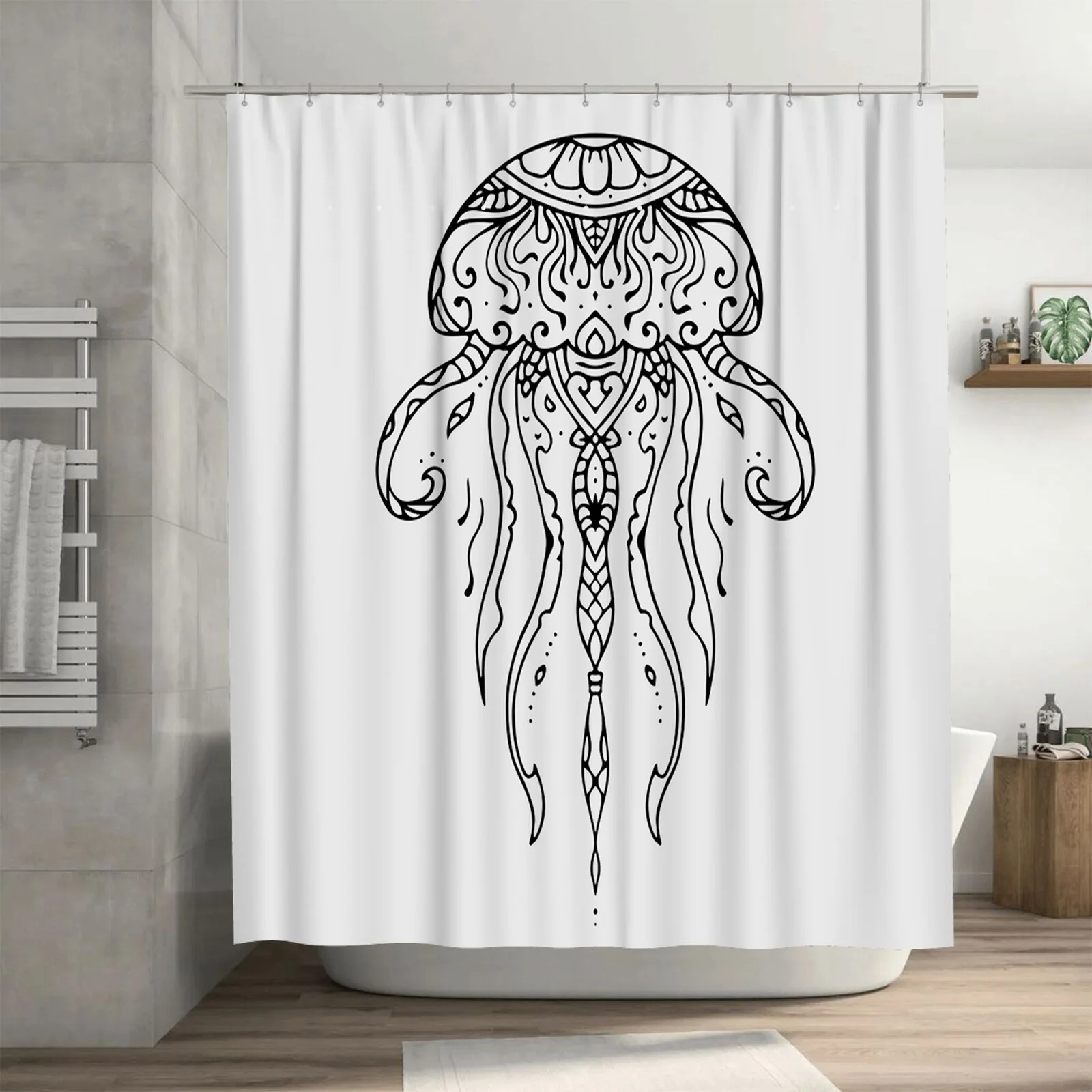 

Stunning Black and White Jellyfish Art Shower Curtain - Intricate Sea Creature Design for a Unique, Waterproof Bathroom Décor