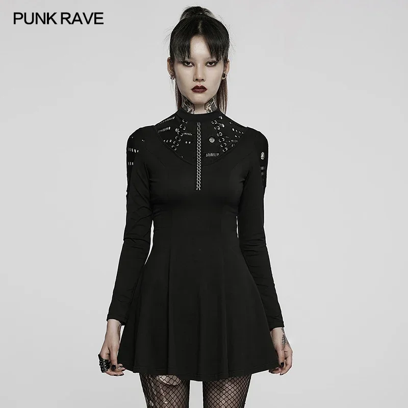 

PUNK RAVE Women Gothic Long Sleeve Daily Wear Dress Mesh Knitted Goth 3D Chain Printing Dresses Drawstring Waist Retro Clothing