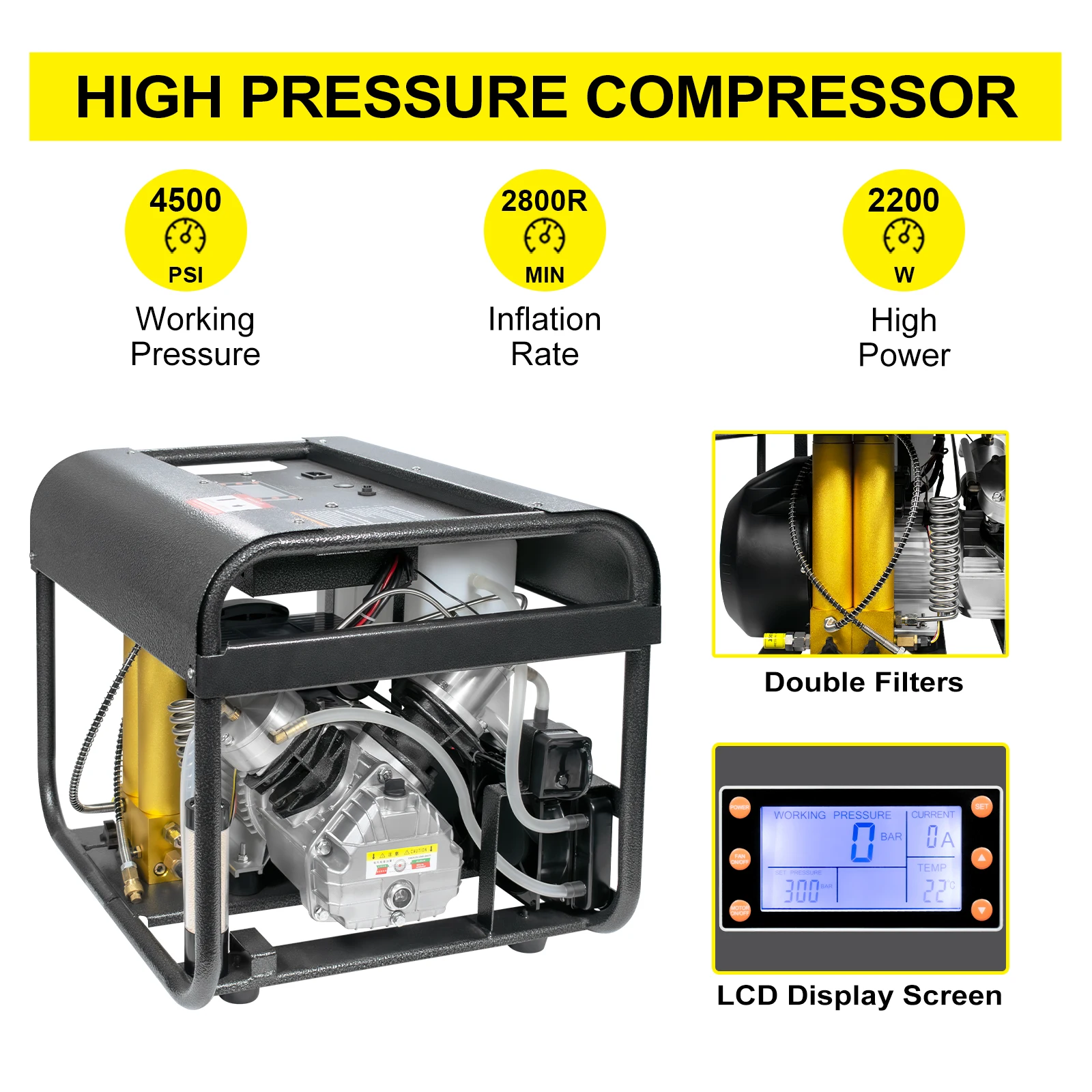 TUXING Multifunction Double Filter LCD Display Auto Stop 30mpa/4500psi/300bar Portable Diving Paintball Pump PCP Air Compressor view 4