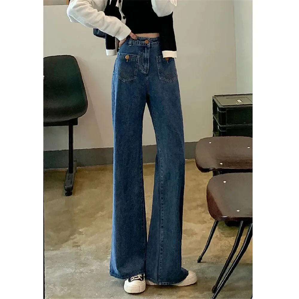 

Slim Pocket Blue Flare Jeans Women Retro Solid High Waist Y2k Fashion Basic Autumn Office Ladies Streetwear Denim Wide Leg Pants