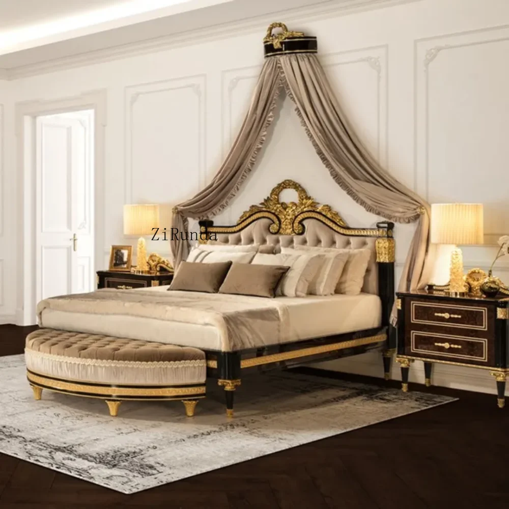 Deluxe King Bed with Canopy and Tufted Headboard, Traditional Antique Design Bedroom Furniture Set