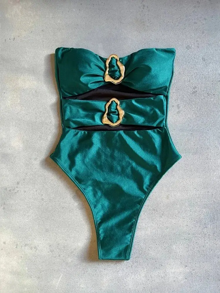 3 Colors Sexy Metal Rings Cut Out Women Swimwear One Piece Swimsuit Female Bandeau High Leg Cut Bather Bathing Suit Swim B026D