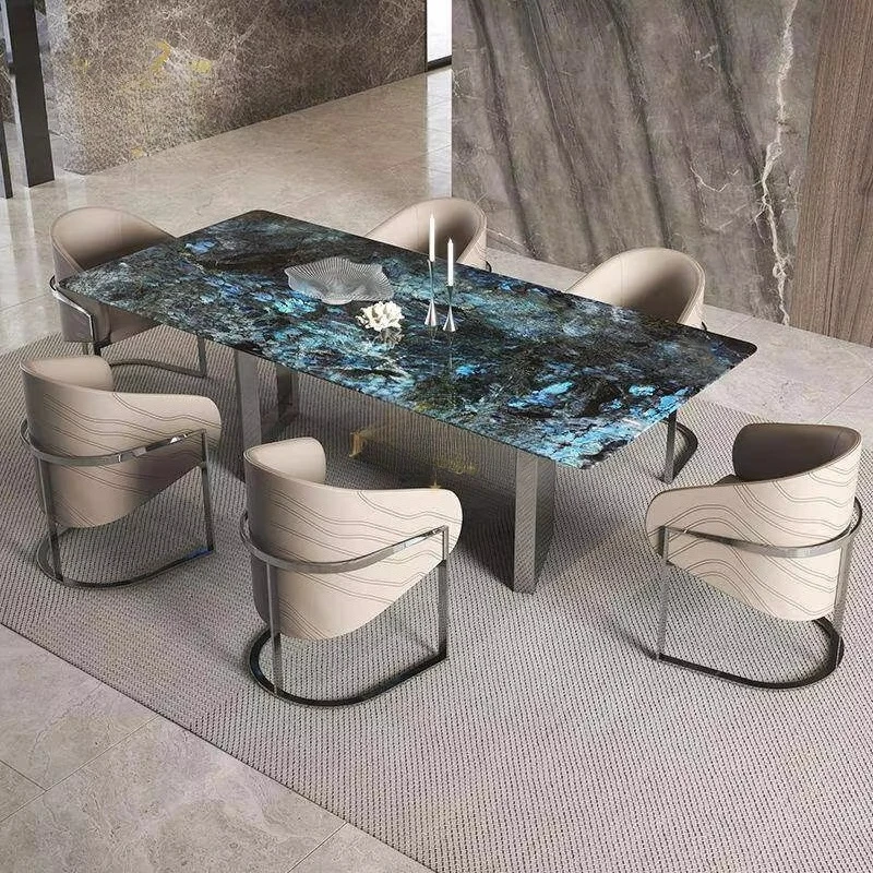 Blue Black Labradorite Marble Dining Table Silver Angled Dual Plate Metal Base Custom Rectangular Table Home Furniture 6 Seater