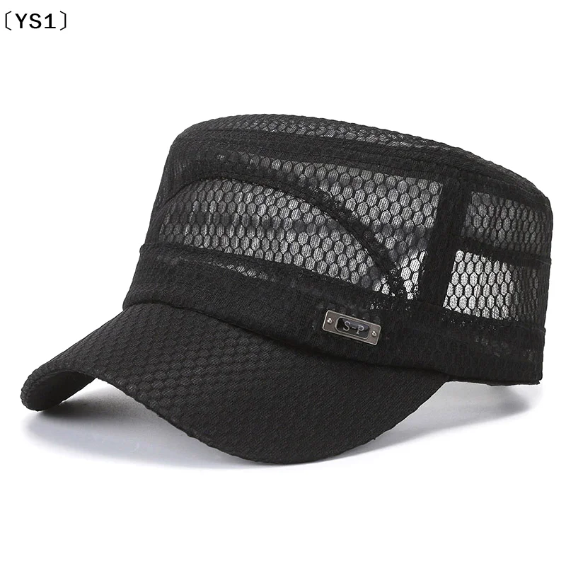 〔YS1〕Gorra de verano para hombre, gorra de malla con parte superior plana, gorra de béisbol ajustable con cierre a presión, gorra de cadete transpirable para hombre, gorra tipo trucker