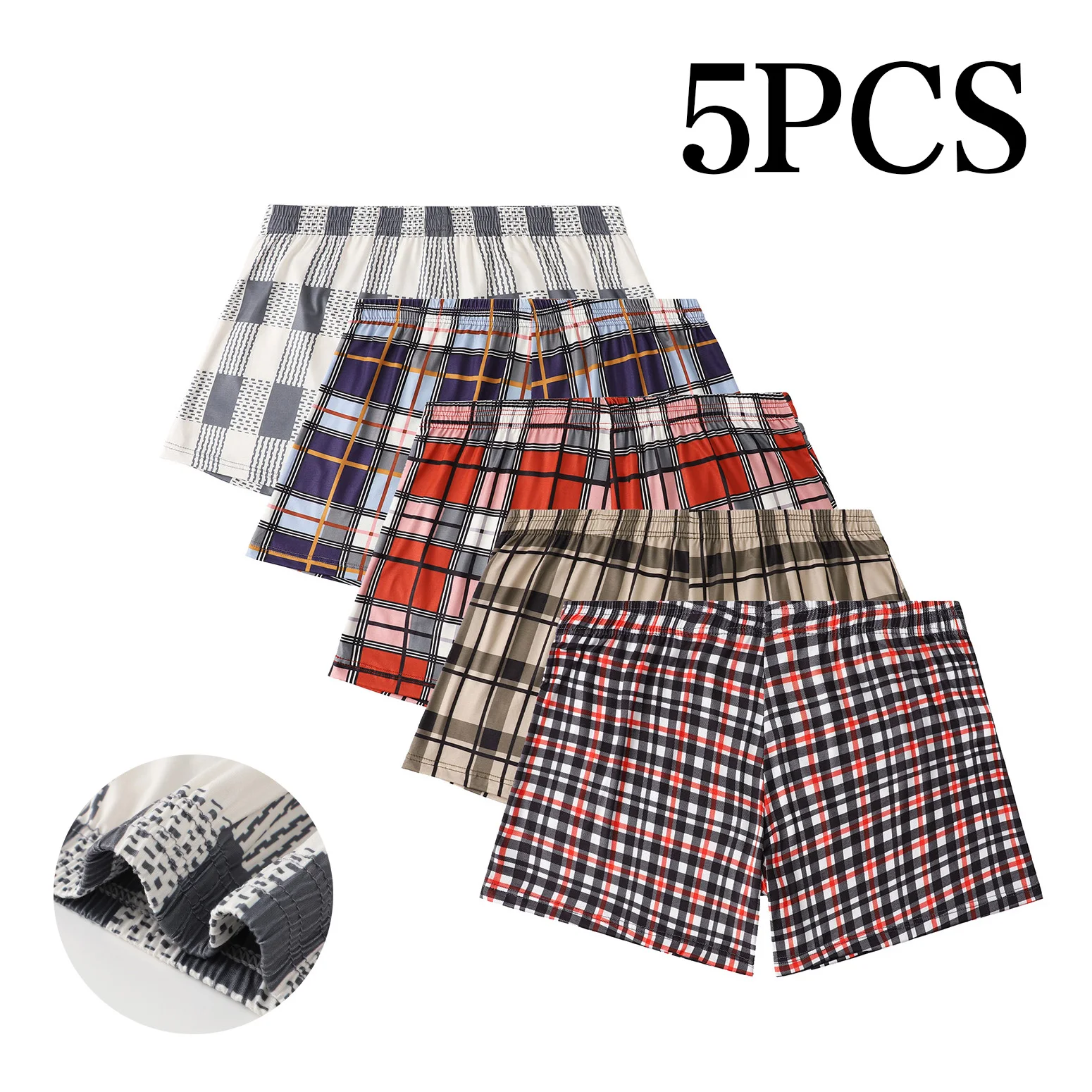 

5-Piece Set Of Men's Checkered Printed Long, Loose Fitting Flat Corner Pants, Comfortable And Breathable, Daily Casual Underwear