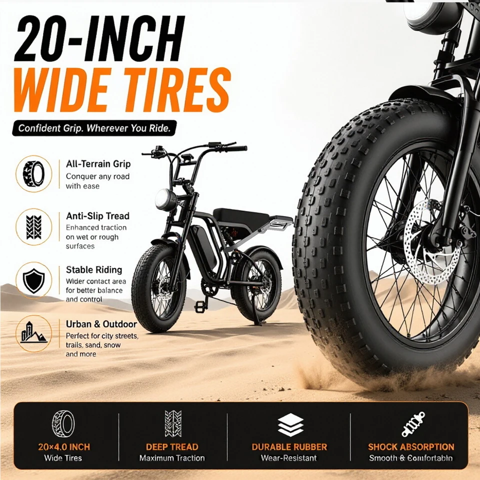 Powerful 20" Fat Tire Electric Bike - 1000W Peak Motor & 48V 15Ah Battery. Dual Suspension, Disc Brakes & Smart LCD for Smooth Rides. 330LBS Load & Detachable Rear Seat for Passenger/Cargo image 6