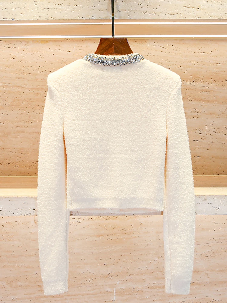 SP Home South Oil High End Women's Spring Small Fragrance Style Short Diamond Embellished Knitted Cardigan Jacket