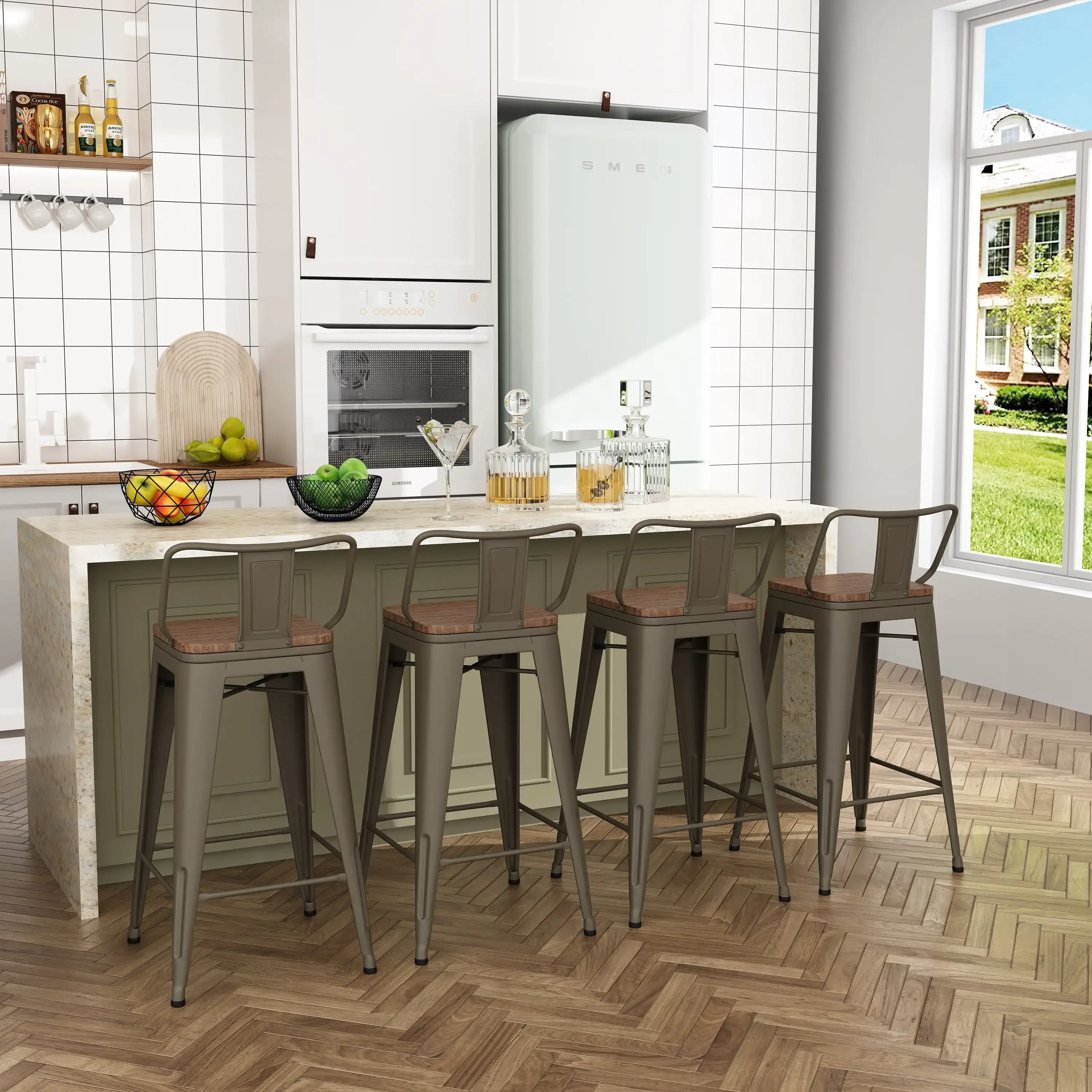 Kursi Bar Logam 24" Set 4 Bangku Tinggi Counter dengan Gunmetal Punggung Rendah Atas Kayu