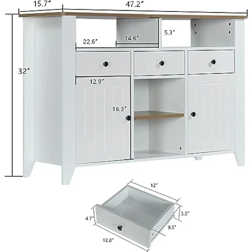 47'' Buffet Cabinet with 3 Drawers and 2 Doors, White Coffee Bar with Open Shelf, Coffee Bar Table for Living Room