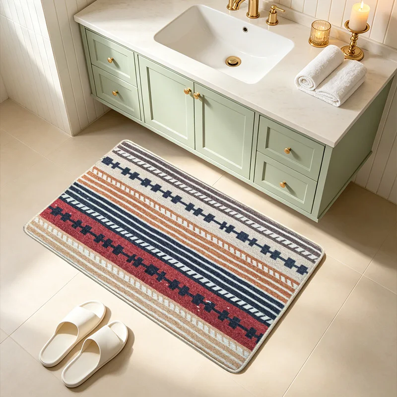 VIKAMA Ins Wind Art Geometric Print Carpet Water Absorbent and Stain-Resistant Bedroom Bathroom Floor Mat Home Decoration