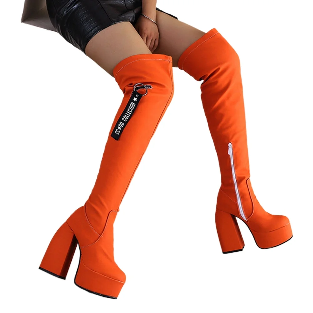 

Women Colorful Over The Knee Thigh High Boots Platform Block Heel Zipper Long Boots Plus Size 34-48 For Party Club 677