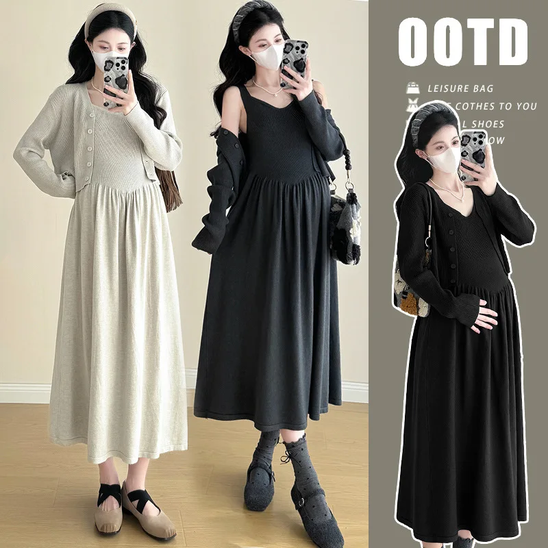 

Luxury Maternity Knit Set Winter Cashmere Blend Vest Dress with Matching Coat Sophisticated Two Piece for Pregnant Women