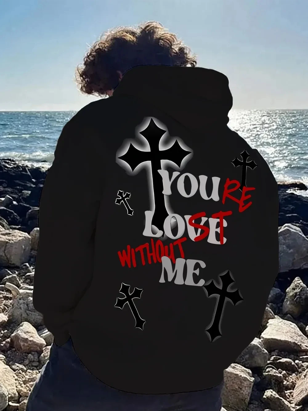 2026 European and American Style Autumn Men's Cross Letter Printed Slightly Elastic and Comfortable Hooded Sweatshirt