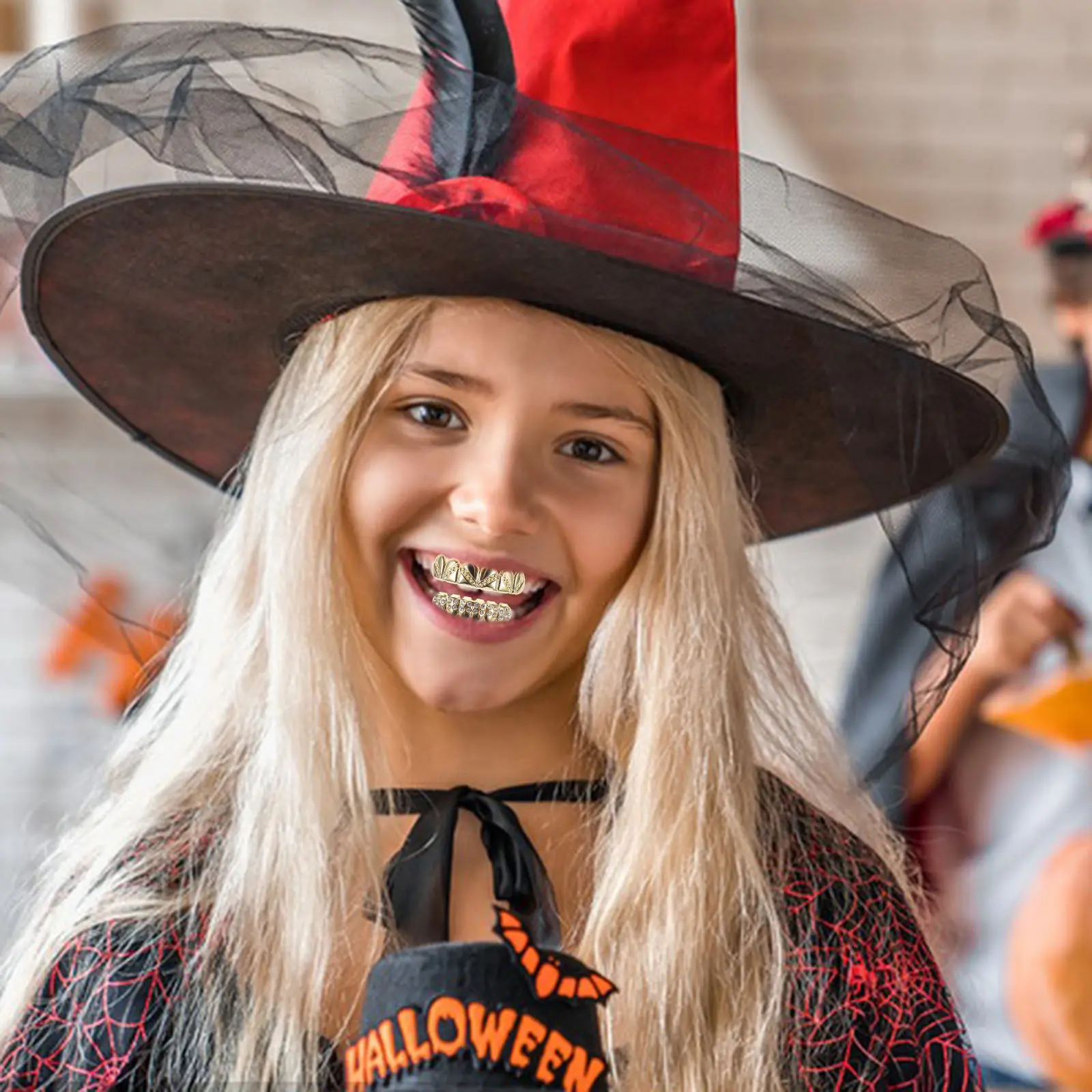 

2 шт. позолоченные накладные зубы для Хэллоуина, грилзы в стиле хип-хоп, забавные аксессуары для костюма рэпера, блестящие