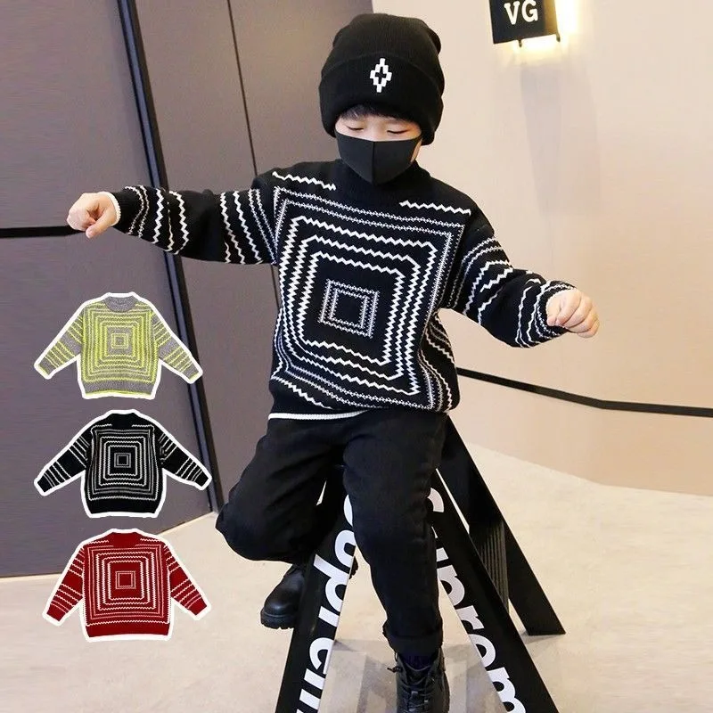 

Утолщенный свитер с круглым вырезом в полоску на флисовой подкладке для мальчиков, осень-зима 202, уютный модный детский трикотаж, Лидер продаж