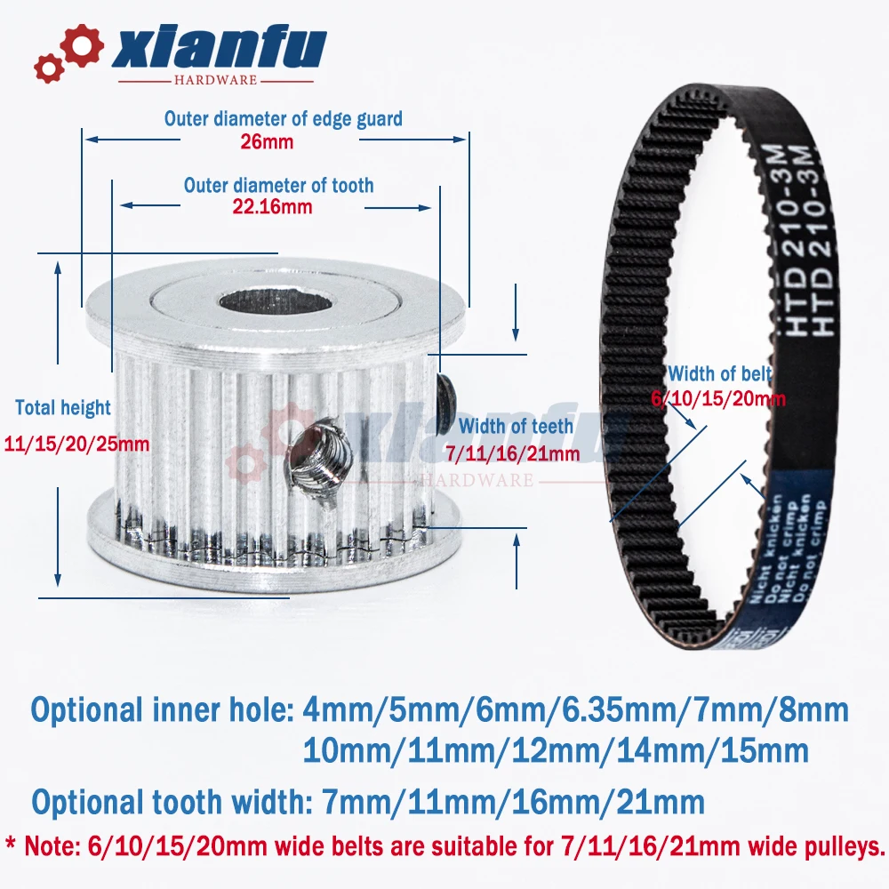 HTD3M puleggia cinghia dentata 3M 24 denti AF tipo foro 4/5/6/6.35/8/10/12/14/15mm larghezza 6/10/15mm ruota sincrona in alluminio HTD 24 T