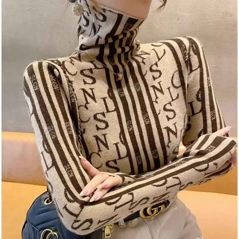 Women\'s Turtleneck Sweater Winter Fashion Commute Striped Letter Printed Long Sleeved Slim Thick Pullover Knitted Bottom Tops