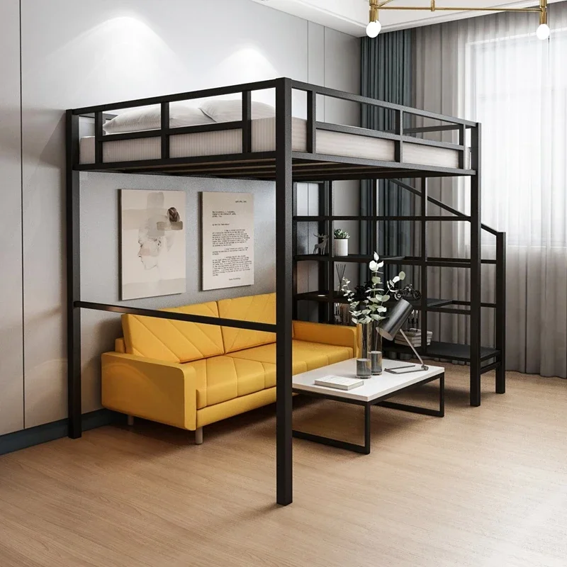 Single upper level elevated Small apartment upper lower bunk simple wrought iron bed lower table loft bed Double iron frame bed