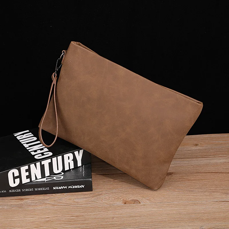 Casual Soft PU Leather Horizontal Square Clutch Bag Coffee Brown Crazy Horse Skin Men's Handheld Bag