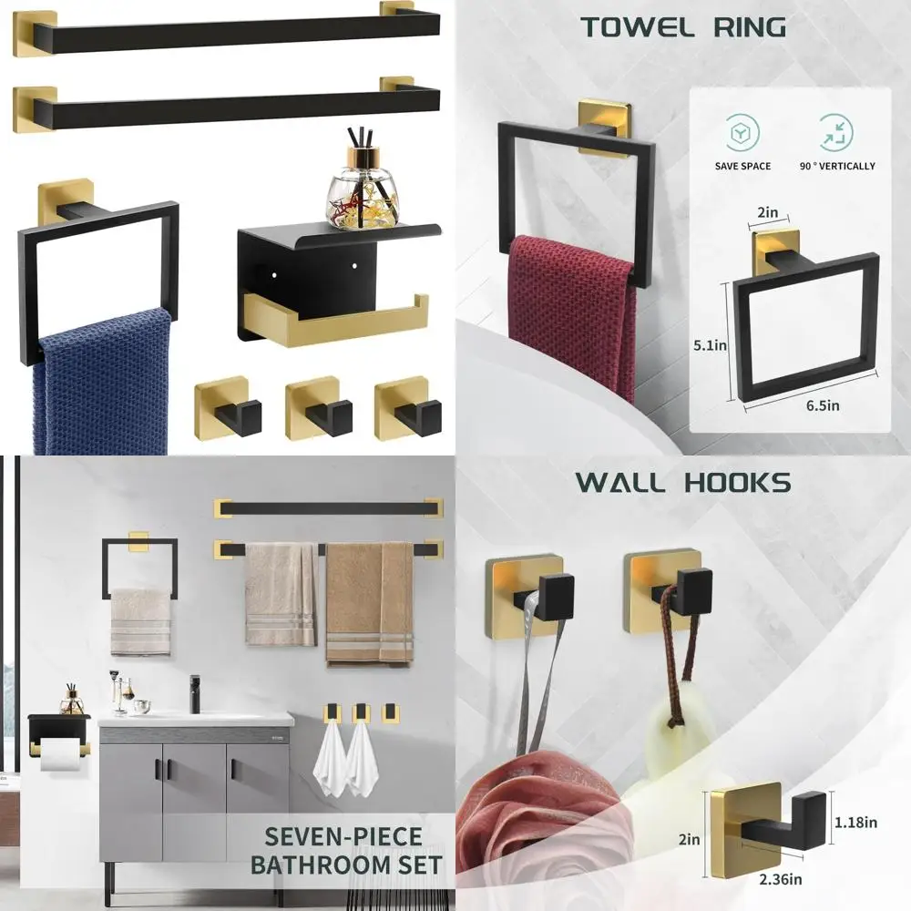 Luxury Black and Gold Bathroom Accessory Set - 7-Piece Towel Bar, Rack, Holder, and More