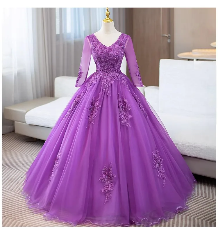 

Purple Half Sleeves Quinceanera Dresses V Neck Party Tulle Ball Gown Lace Appliques Flowers Beading vestidos de 15 quinceañera