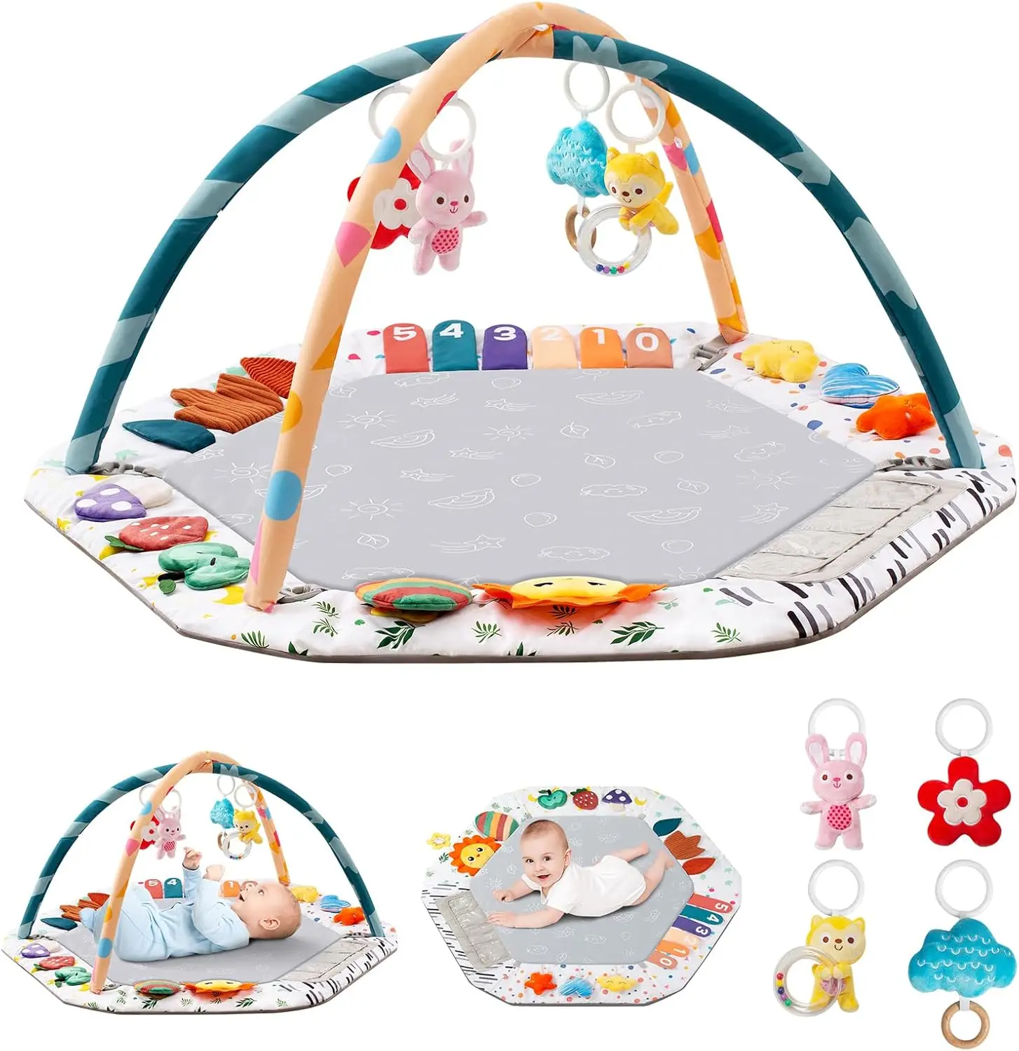 

Развивающий коврик-гимнастический центр для малышей с 6 зонами, коврик для игр на животике, развивающий коврик с 4 съемными игрушками для моторики и сенсорного развития