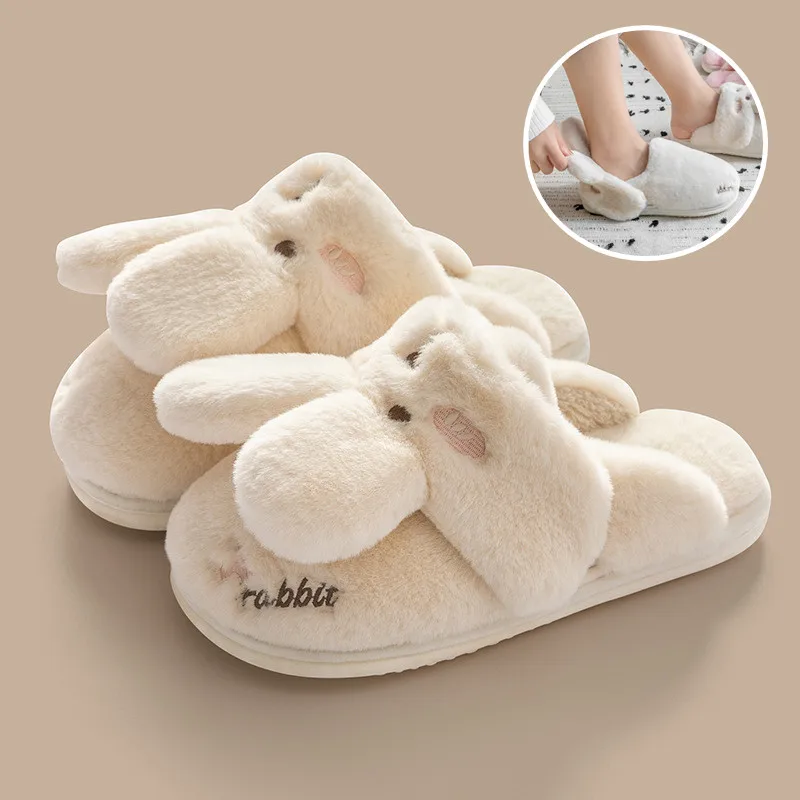 Women Winter Home Slippers Non-Slip Soft Warm House Shoes Men Ladies Indoor Bedroom Couples Cartoon Rabbit Bear Floor Slides