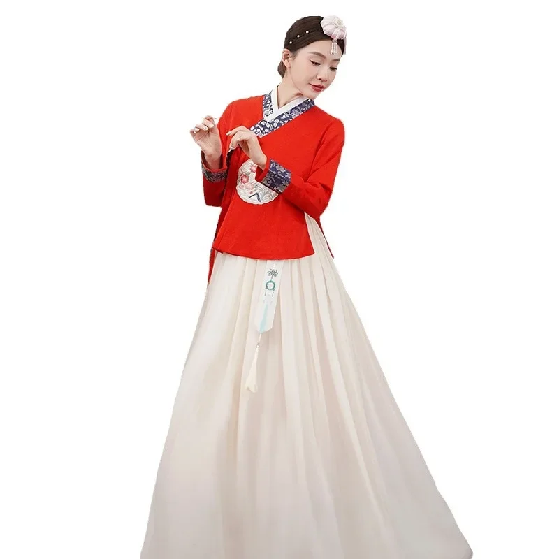 

Традиционный корейский ханбок, женский костюм в этническом стиле, комплект новогоднего свадебного танцевального платья, дворцовое представление меньшинств