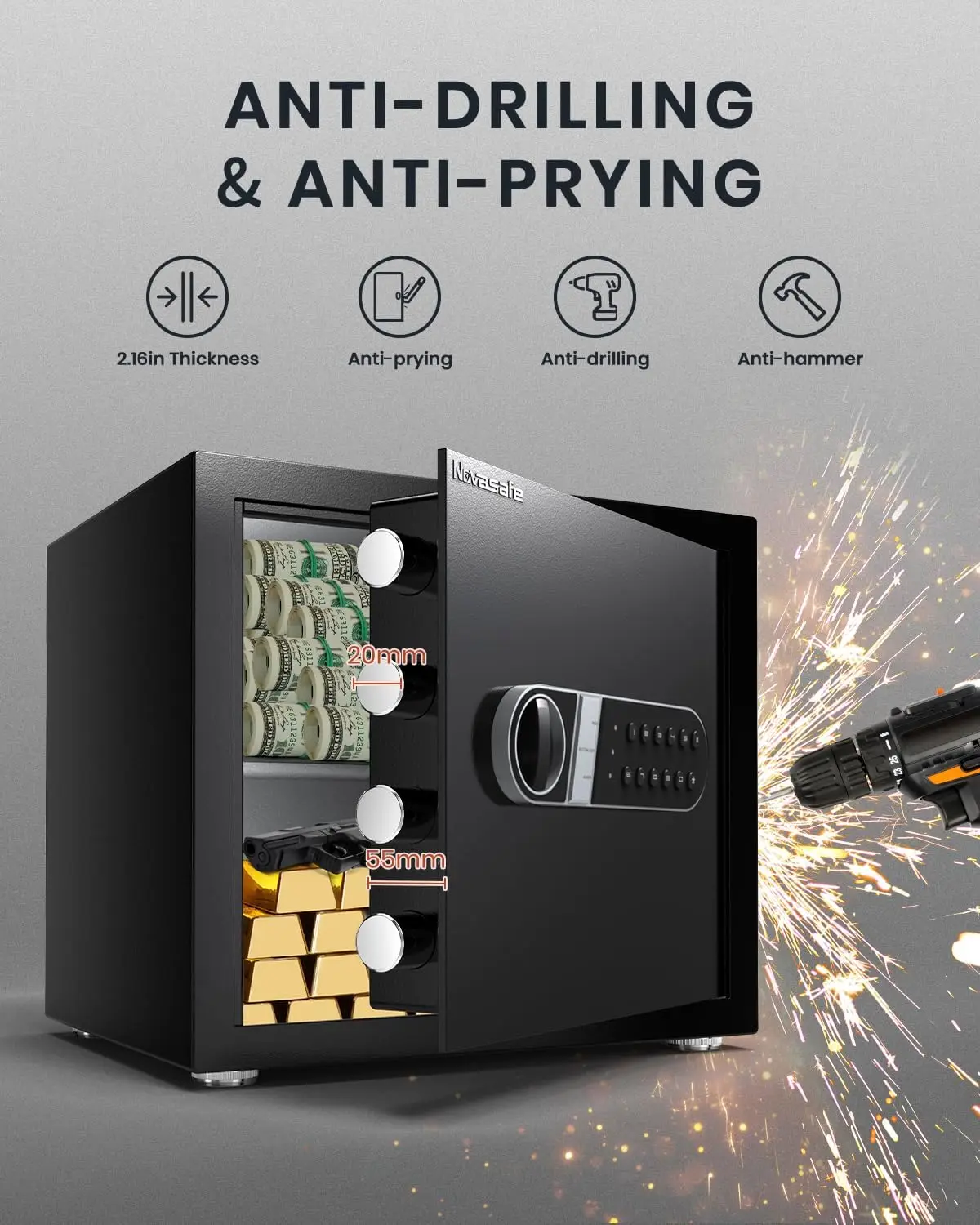 Home Safe Box with Key & Fireproof Waterproof Bag, 1.4 Cu Ft Money Safe for Cash Office Cabinet, Anti-Theft Security Box, Digita