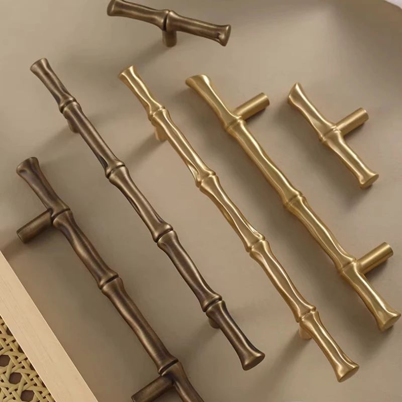 

Винтажные бронзовые однотонные латунные ручки для шкафа в скандинавском американском стиле, дизайнерская ручка с бамбуковым узлом, Т-образные ручки для шкафа для мебели