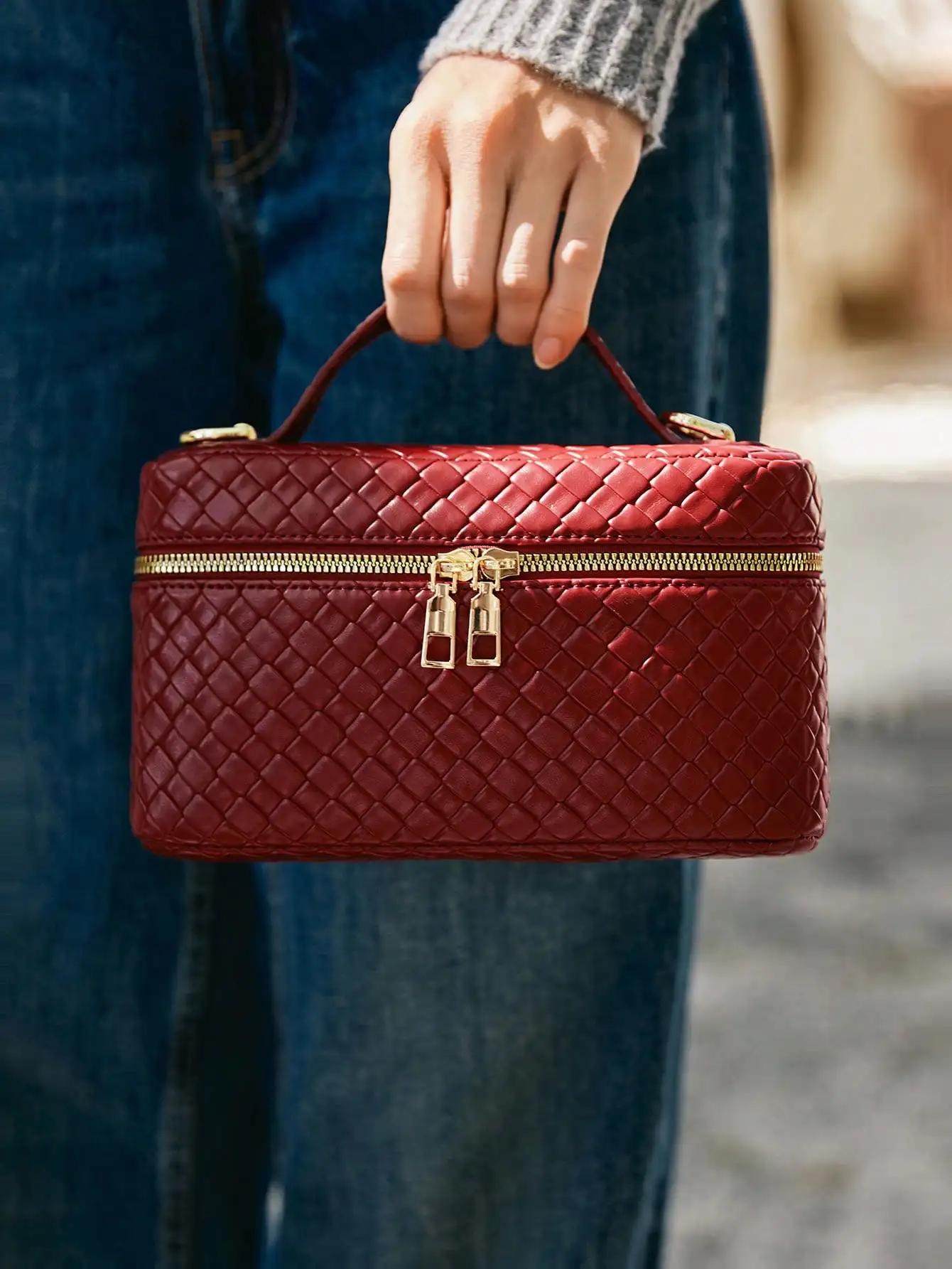 

Women's Woven Texture Red Box Clutch with Gold Zipper Handle