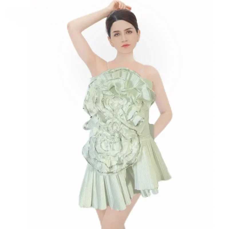 LED Cambia colore Donna Chic Elegante floreale senza maniche TubeTop Fiore pieghettato senza maniche Tinta unita Irregolare Abito a LED Rave