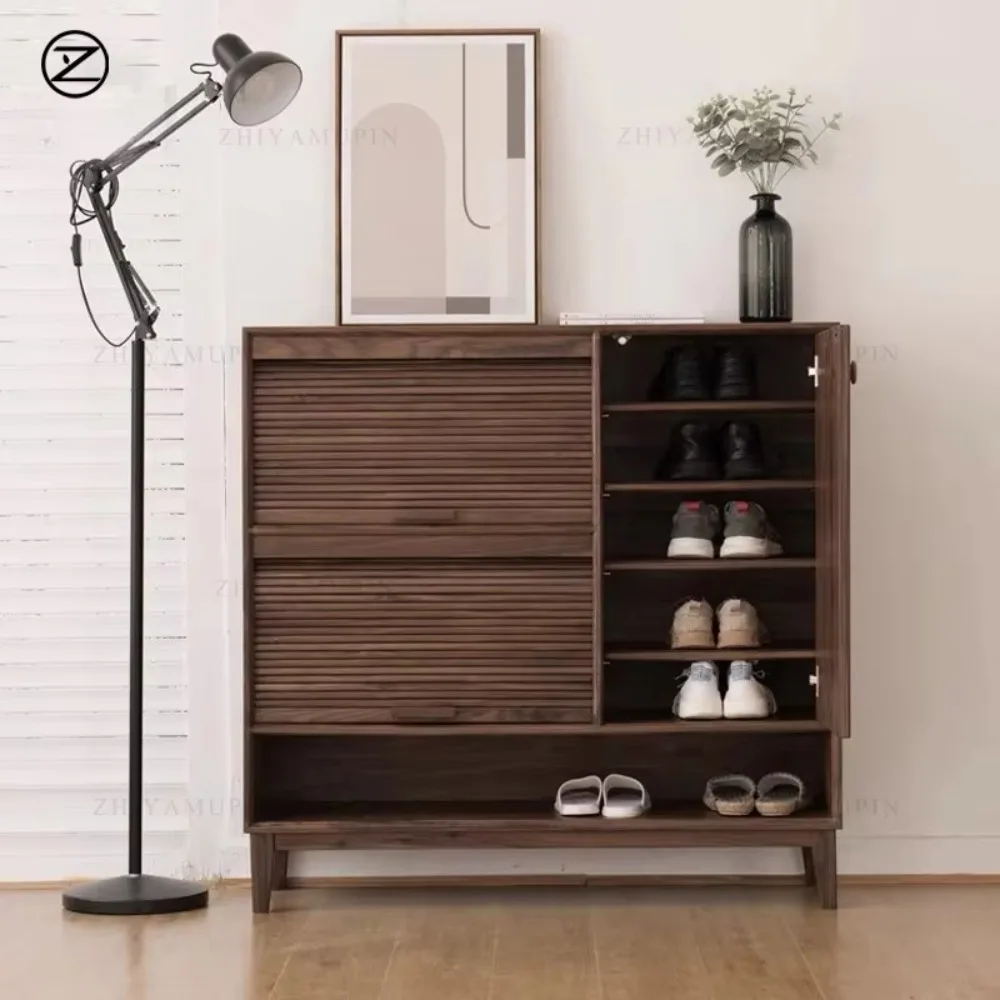 North American Black Walnut Shoe Cabinet Nordic Solid Wood Porch Cabinet Large Roller Shutter Shoe Cabinet Can Be Customized