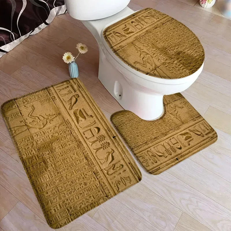 Vintage Egypt Bath Mat Set Brown Pyramid Temple Hieroglyphics Ethnic Style Home Carpet Bathroom Decor Doormat Rugs Toilet Cover