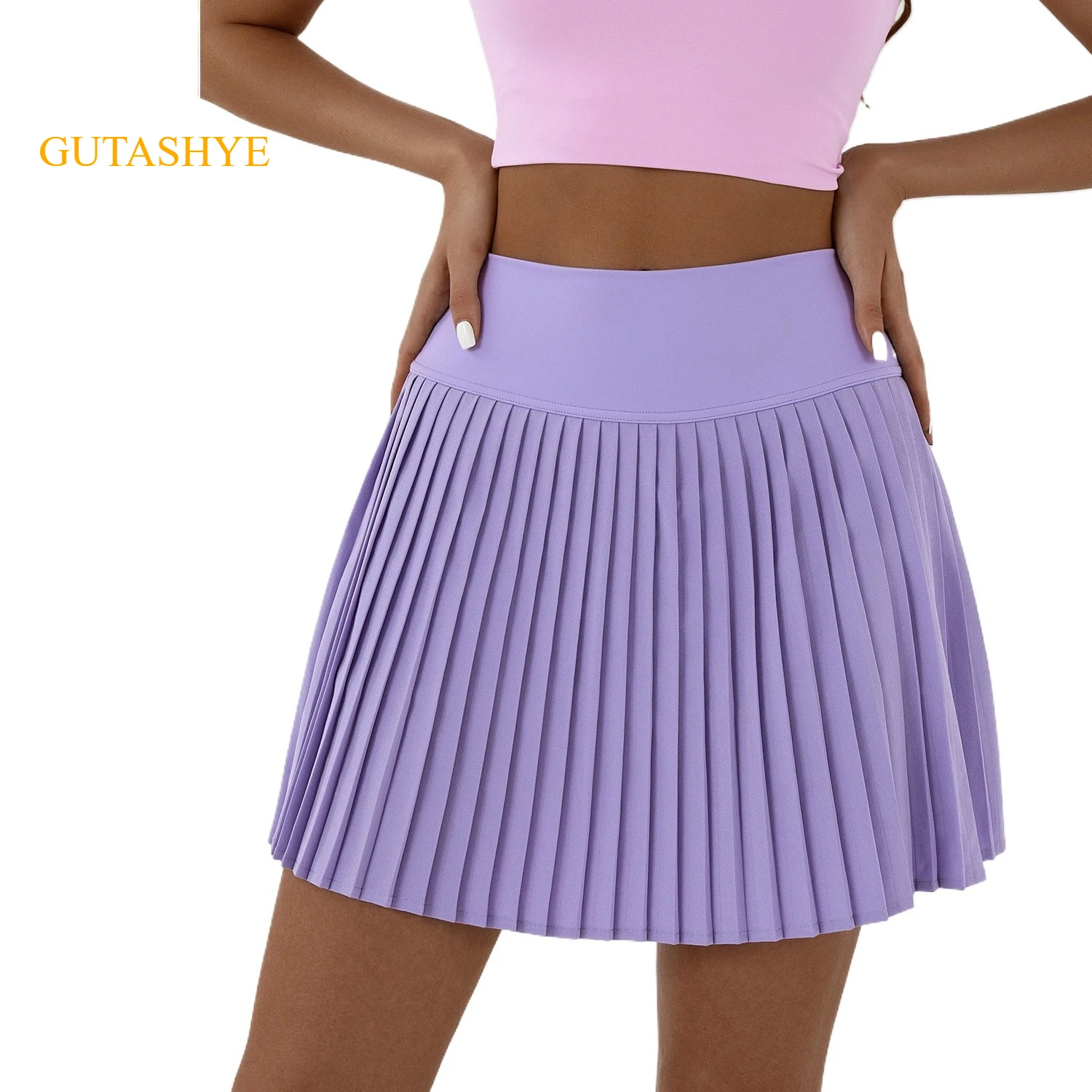 Women High Waist Pleated Tennis Skort Anti Chafing Anti Exposure Double Layer Non Slip Solid Color Yoga Badminton Golf Skirt