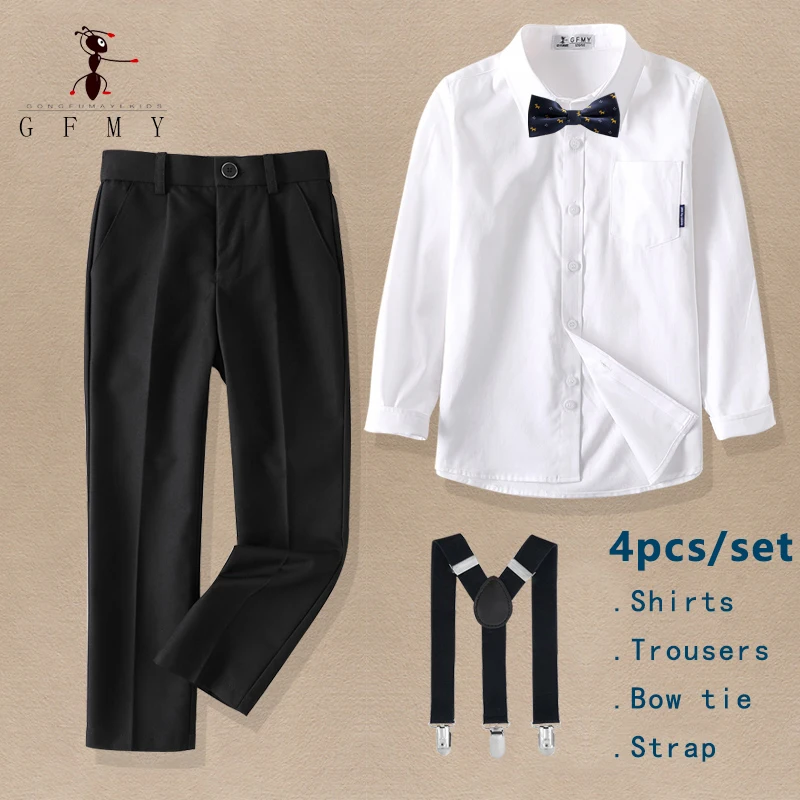 Boy\'s Performance Clothing Long-sleeved White Shirts Suit Straps Trousers Party Wedding School Activities Costume 4 Pieces/Set