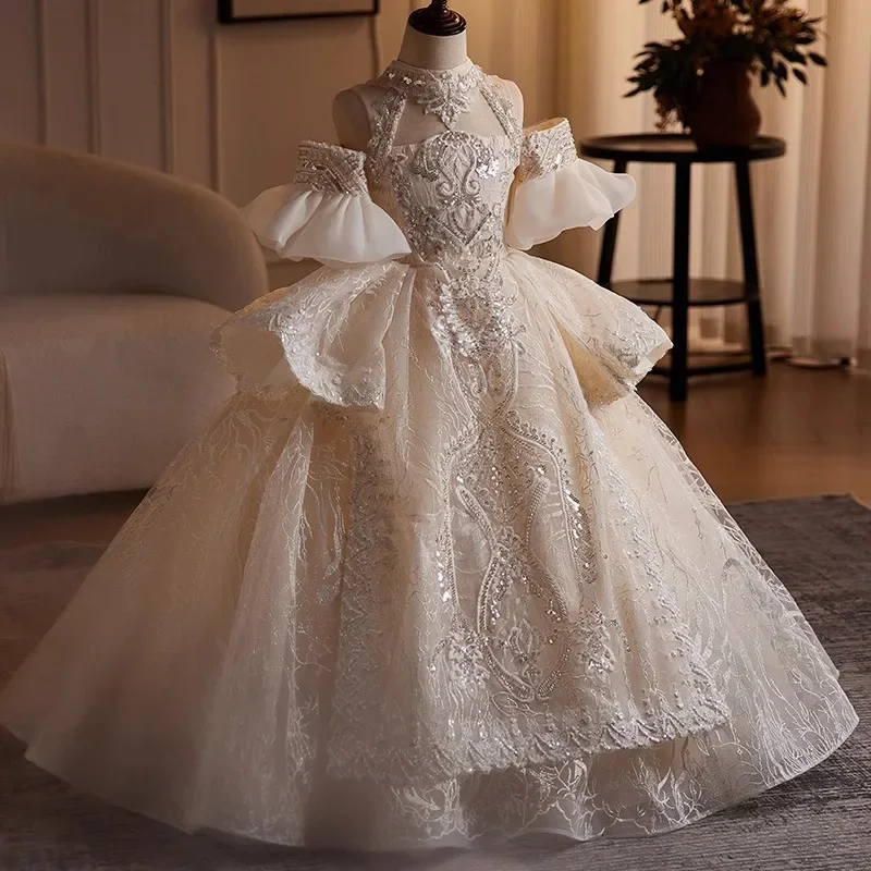 Girls High-end Dress Fluffy Yarn Light Luxury Niche Party Princess Dress Children Host Piano Performance Dress Dance