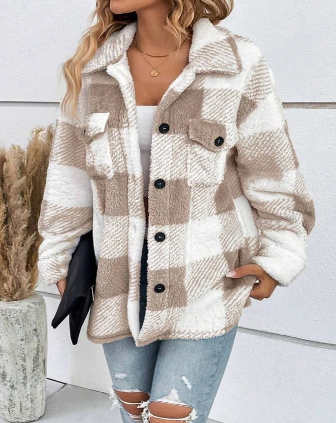 Elegant Winter Women's Coat Casual and Fashion Button Pocket Plaid Pattern Turn Down Collar Button Front Teddy Thick Warm Coat