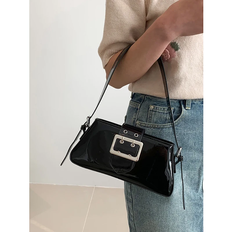 Patent Leather Solid Sweet Cool Spice Girl Underarm Bag Bright Surface Fashion 2024 New Design Sense Shoulder Bag Casual Handbag