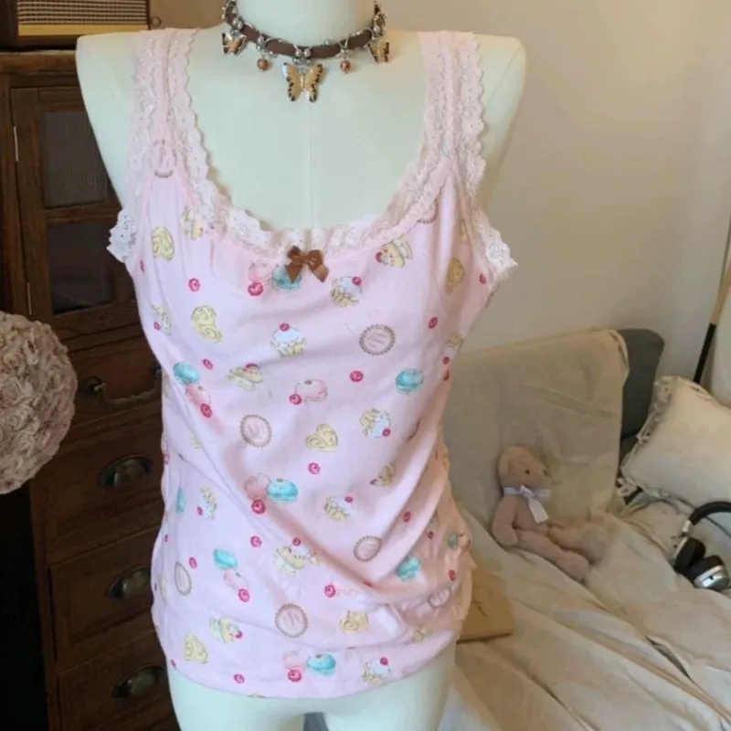 اليابانية لطيف الحلو كعكة طباعة تانك القمم Kawaii أكمام الدانتيل حافة القوس بروتيل الصيف عادية رقيقة لينة القمم خارج المرأة 2025 #1