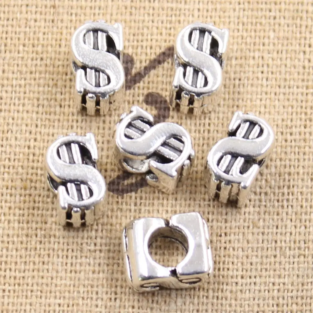 8pcs 11x7x8mm USD Dollar Money 5mm Big Hole Bead Charm Fits Antique Silver Color Charm Bracelets Wholesale