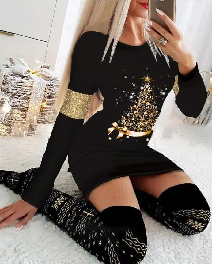 

Ladies Summer Dress Party Party Christmas Tree Print Long Sleeve Tight Sexy Solid Color American Round Neck Dress