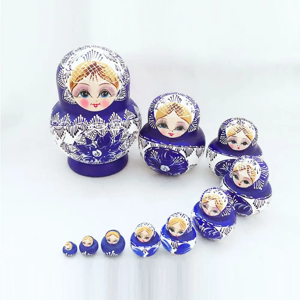 10Pcs/Set Wood Russian Nesting Dolls Blue Floral Print 10 Layer Matryoshka Wooden Doll Toys Handmade Cartoon Stacking Dolls
