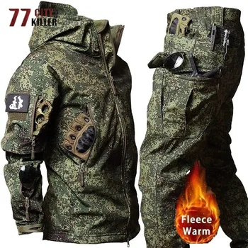 Inverno pele de tubarão casca macia russo camo terno masculino impermeável velo multi bolso com capuz jaqueta combate ao ar livre conjunto de 2 peças